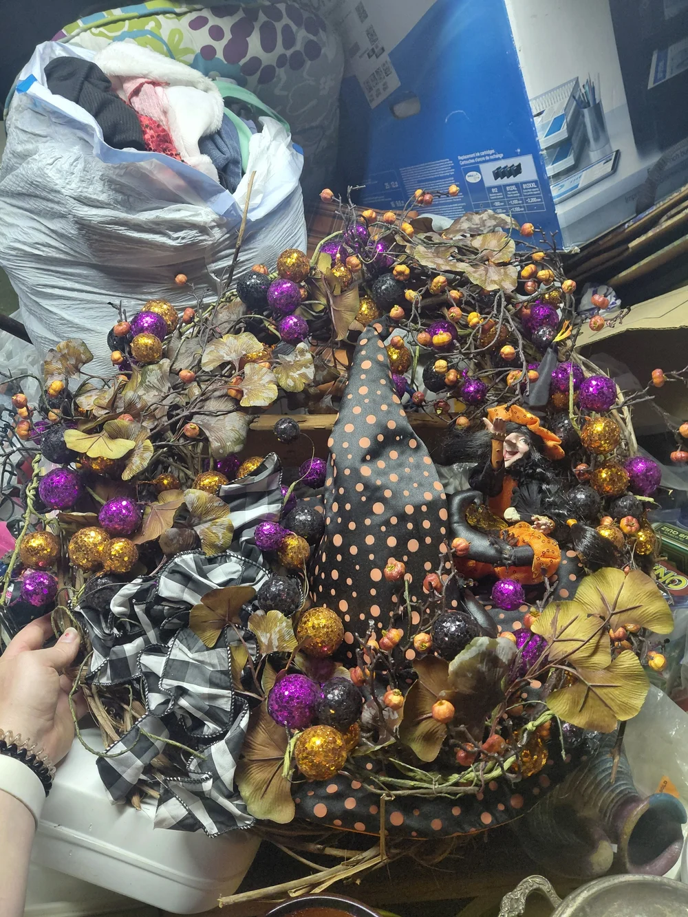 handcrafted witch hat Halloween wreath adorned with Casting A Spell Skull